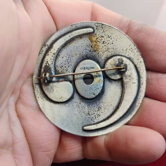 Vtg Native Sterling Silver Overlay Turquoise Brooch Pin 13.9g Round 2" Diameter - Picture 5 of 6